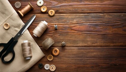 Naklejka premium tools for sewing. Handmade and sewing background. Cotton fabric, sewing accessories for needlework on wooden