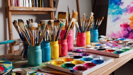 Creative workspace filled with brushes, vibrant paints, and canvases ready for artistic expressions and inspiration.