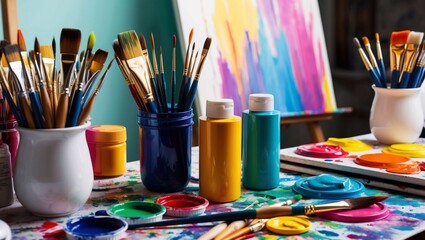 Creative workspace filled with brushes, vibrant paints, and canvases ready for artistic expressions and inspiration.