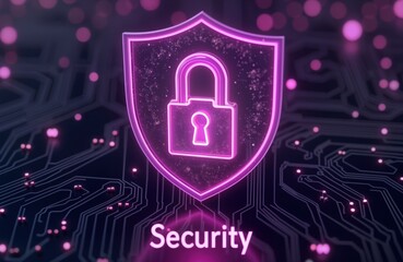 Obraz premium Purple glowing shield with lock graphic security. Electronic circuit board backdrop implies tech. Protection of data, info key. Security concept. Secure system design. Cyber protection. Digital