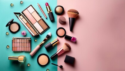 make up brushes. Makeup products and decorative cosmetics on color background flat lay. Fashion and beauty 