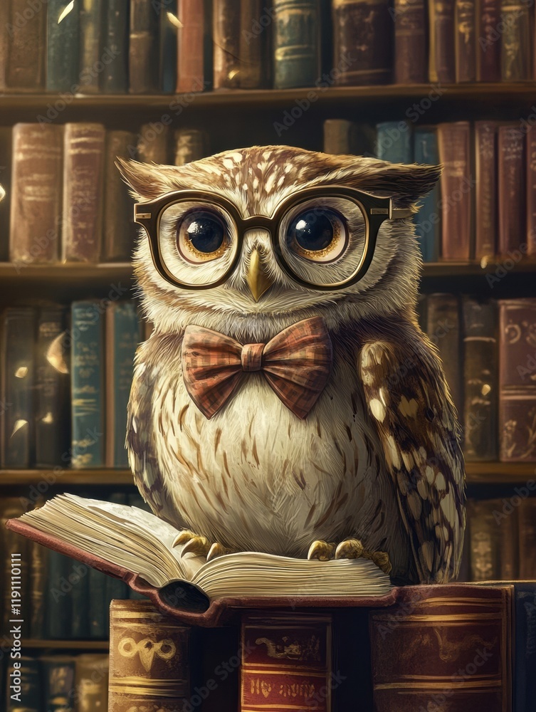 Aufkleber owl portrait wearing glasses and a bow tie in a cozy library with a grand bookshelf behind. generati