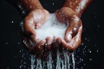 Fototapeta premium Two hands are cupped together, pouring water mixed with foam. The dark background emphasizes the droplets as they cascade down, symbolizing freshness and cleanliness