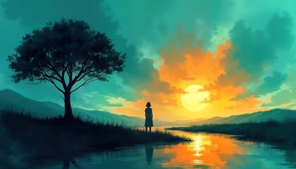 Silhouette of woman stands near river at sunrise. Nature scenes reflect healing. Growth path illuminated by hope. Recovery from trauma. Symbolic image of resilience. Person accepts life