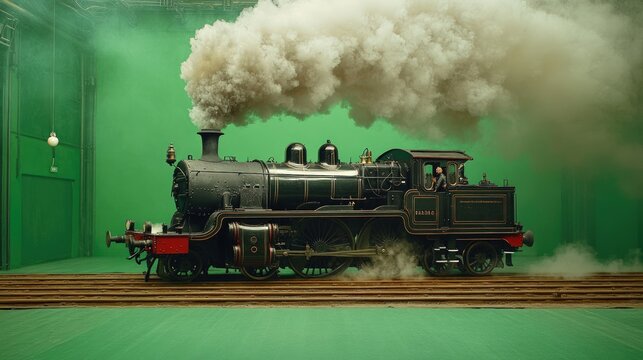 Steam train on green screen, billowing smoke.