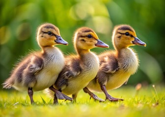 Obraz premium Three Cute Blackish Brown Ducklings Walking in Line on Green Grass - Adorable Baby Birds Stock Photo
