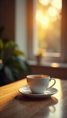 Fototapeta premium A warm cup of coffee sits on a wooden table next to a sunlit window with a plant.