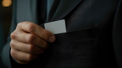 Extreme close-up of an unrecognizable businessman about to put a blank business card with copy space into the pocket of his black jacket.