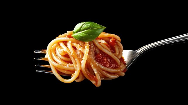Extreme Close-up of Italian spaghetti pasta with tomato sauce and a green basil leaf on a metal fork. Isolated on a black background copy space. Blank wide banner.
