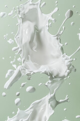 Obraz premium Dynamic splash of white liquid on a soft green background.