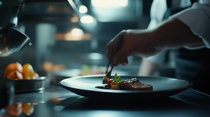 A close-up of a chef in a professional kitchen, deftly plating an elegant dish with artistic precision, Professional kitchen scene