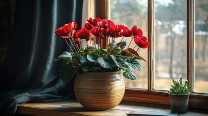Crimson Cyclamen in a Rustic Pot by a Window