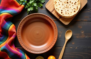 Rustic wooden table with colorful fabric, empty clay dish. Tortillas on cutting board. Mexican style food background for restaurant menu food blog. Copy space available for design text. Suitable for