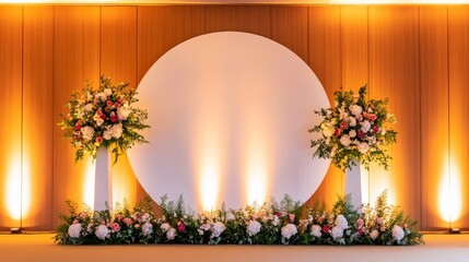 Elegant floral arrangement with backdrop for an event or celebration.