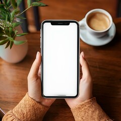 Generated image Mockup a girl holding a smartphone with a blank screen in a cozy cafe setting with a cup