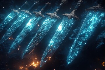 Glowing blue swords, dark background, fantasy scene.
