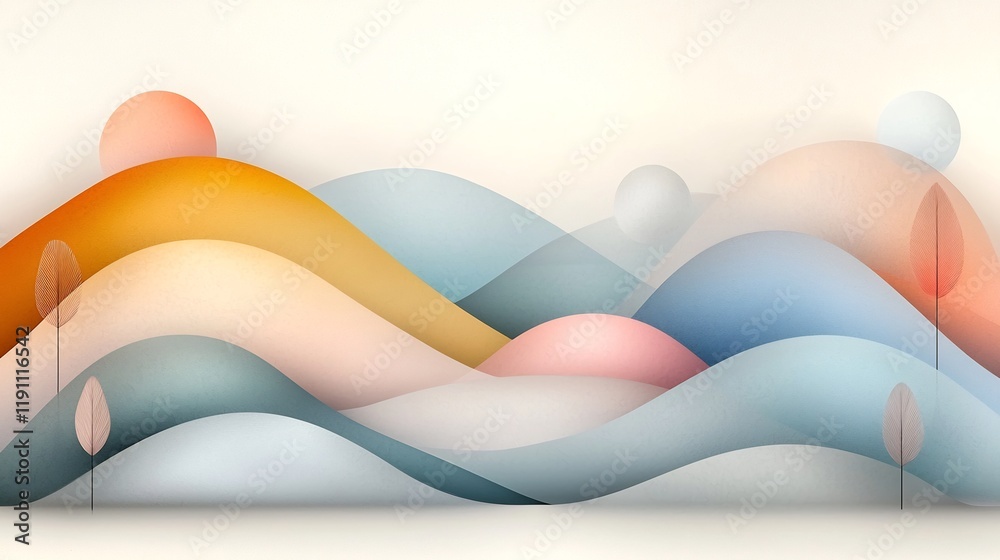 Poster soft calming abstract design with a gentle flow of rounded organic shapes in a soothing pastel color