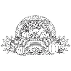 Basket full of fruits and vegetables outline coloring page. Thanksgiving hand drawn colouring