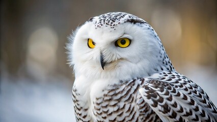 Obraz premium Majestic Snowy Owl Portrait: A stunning close-up of a snowy owl, its piercing yellow eyes and intricate black and white plumage captivating against a softly blurred background.
