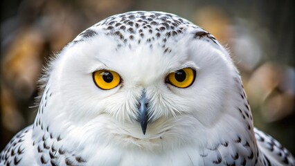 Obraz premium Snowy Owl Portrait: A majestic snowy owl with piercing yellow eyes stares intently at the camera, its white feathers speckled with black, creating a striking contrast against a blurred background. 