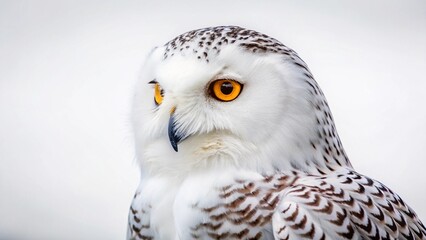 Obraz premium Snowy Owl's Gaze: A captivating portrait of a majestic snowy owl, its piercing yellow eyes fixed on the viewer, against a muted background.