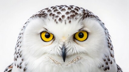Obraz premium Intense Gaze of a Snowy Owl: A close-up portrait of a snowy owl with piercing yellow eyes and a sharp, focused expression, showcasing its remarkable beauty and predatory nature.