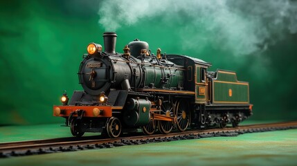 Naklejka premium Green steam train model on tracks.