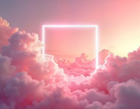 Blank white glowing rectangle frame floats in dreamy pink fluffy clouds against pastel red neon sky. Abstract minimal design with copy space. Soft pastel colors create sense of serenity, wonder.