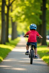 Child riding bicycle on a sunny day in a lush green park.
