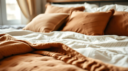 Cozy and Serene Bedroom Setting: A Relaxing Atmosphere with Soft Linen Bedding and Earthy Tones