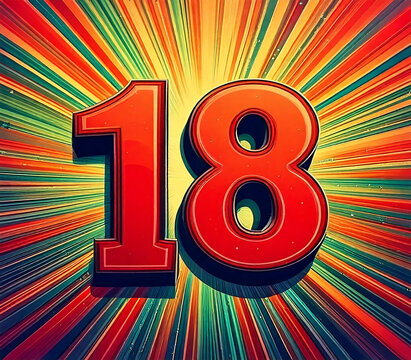 3d number 18, birthday, Vintage grunge background, 50s Mid Century Modern, groovy background, yellow red background illustration	