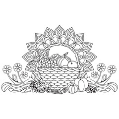 Basket full of fruits and vegetables outline coloring page. Thanksgiving hand drawn colouring