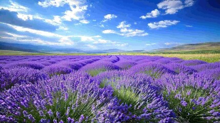 Obraz premium Expansive Lavender Field Under a Blue Sky with Fluffy Clouds