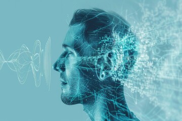 Obraz premium Hearing loss concept. Man and sound waves illustration on light blue background closeup