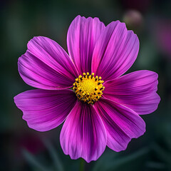 Obraz premium Vibrant purple cosmos flower in full bloom, showcasing its delicate petals and bright yellow center. A stunning example of natural beauty.