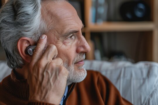 Elderly man adjusts hearing aid at clinic for deafness.
