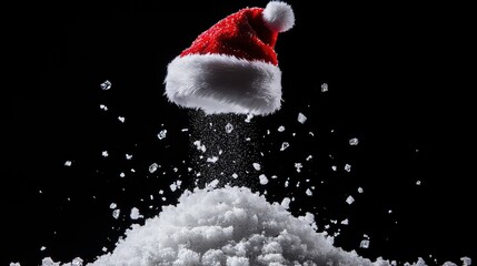 Extreme close-up of the red and white Santa Claus hat above a crystal Christmas ball and a pile of white snow, isolated on a black background with copy space and snowflakes.