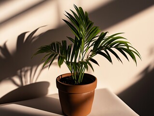 Fototapeta premium A house plant in a clay pot on a light background with harsh contour lighting. Areca Palms. The sun's rays.