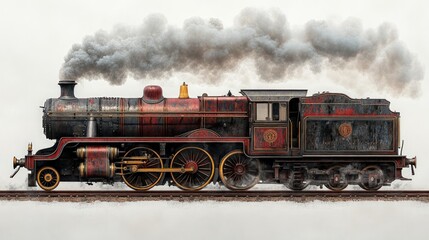 Obraz premium Vintage steam locomotive, smoking, on tracks.