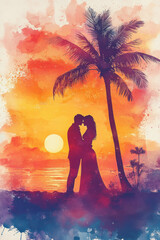 Fototapeta premium Colorful watercolor painting of a couple hugging each other at the sunset on a romantic beach
