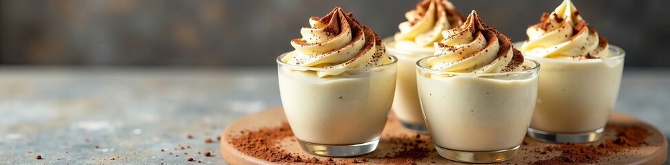 Delicious creamy desserts topped with swirls in elegant glasses on a rustic background.