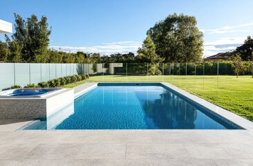 a large, modern, and clean swimming pool with a hot tub in the corner, situated on one side of an empty patio area