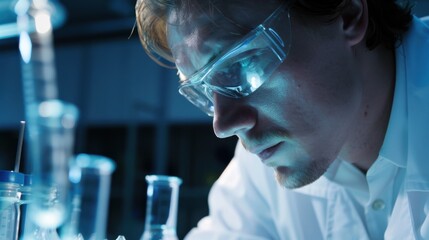 A close-up of a chemical engineer analyzing chemical reactions in a laboratory setting, Chemical research scene, Analytical chemistry style