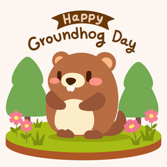 Cute Groundhog Character on Nature Platform for Groundhog Day. Cartoon groundhog surrounded by trees and flowers, celebrating Groundhog Day in a cute and colorful nature scene.