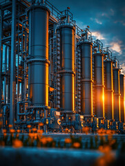 Illuminated reverse osmosis plant with tall cylindrical tanks at sunset