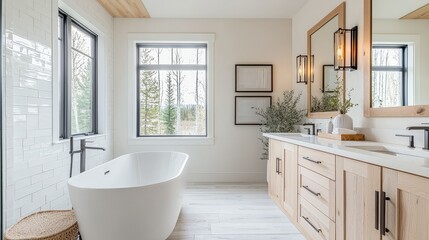 Fototapeta premium Modern and Serene Bathroom with Freestanding Bathtub and Natural Light