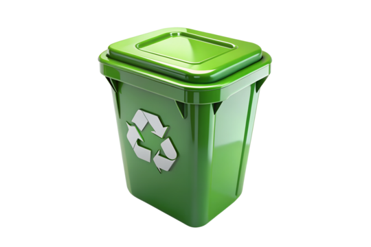 green recycling bin with white recycling symbol on lid isolated on transparent or white background png
