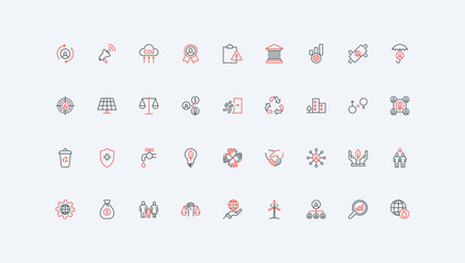 Environmental Social Governance line icon set. ESG, global sustainability and responsibility regulation, human support and welfare, law integrity thin black and red outline symbols vector illustration
