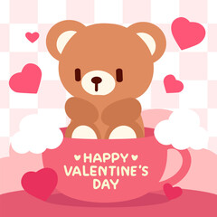 Kawaii Bear with Hearts in a Pink Mug for Valentine's Day. Adorable Valentine's Day illustration featuring a cute bear sitting inside a pink mug surrounded by hearts.