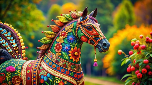 Ukrainian Karakoko Folk Art Animals: Decorative Horse & Bird, Left Composition, Copy Space